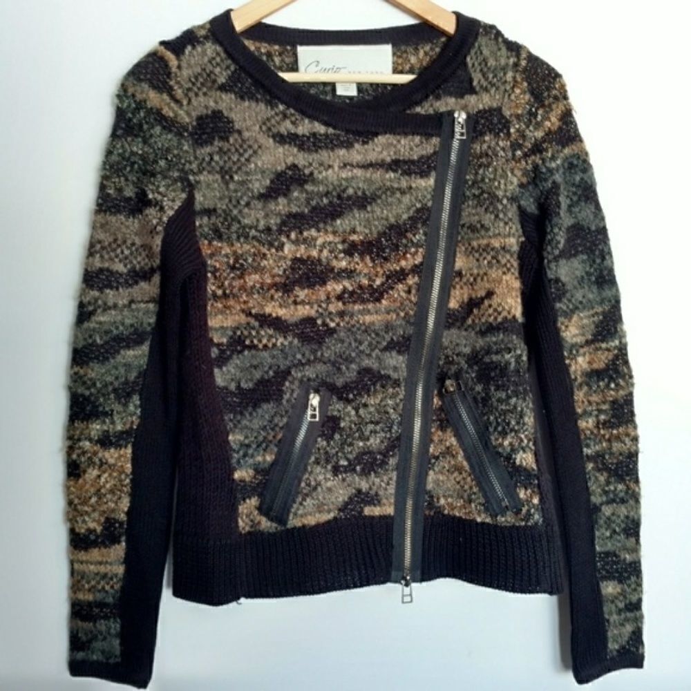 Curio‎ Camo Sweater New York Moto Zip Sweater, Black/Green, Size - PP
